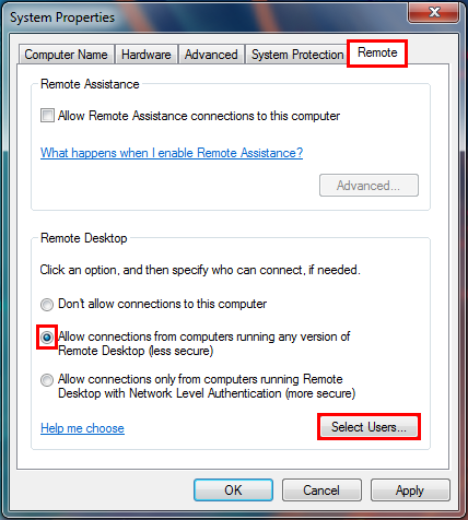 System Properties RDP